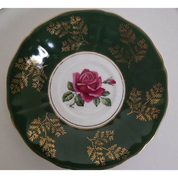 Vintage Adderley Teacup and Saucer, Green and Gold with Red Rose/ England - Picture 4 of 5